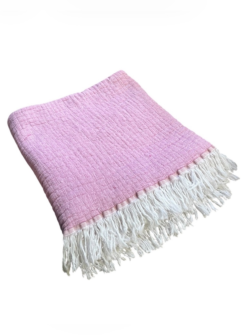 Texteis Penedo Two Tone Cotton Gauze Throw Blanket in Pale Pink/Orange w/Ivory W